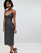 Asos Metallic Glitter Mesh Cami Pencil Midi Dress-multi