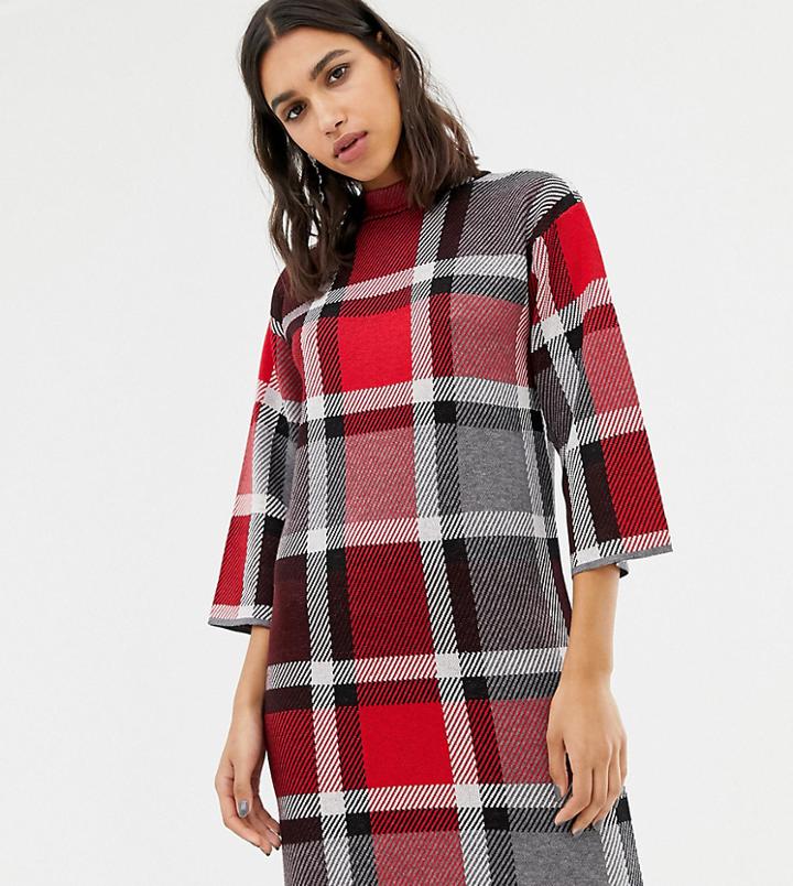 Warehouse Sweater Dress In Red Check - Multi