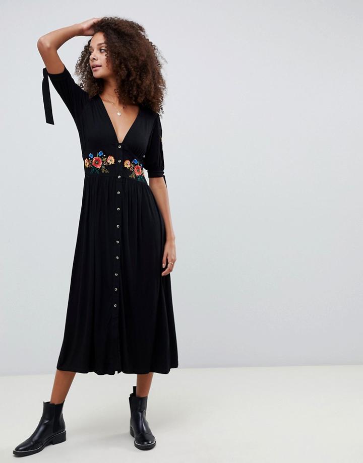 Asos Design Embroidered Midi Button Through Tea Dress-black