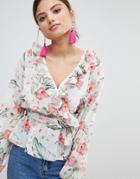 Missguided Floral Chiffon Tie Side Blouse - White