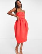 Asos Design Bandeau Tuck Top Bubble Skater Skirt Midi Dress In Red-multi