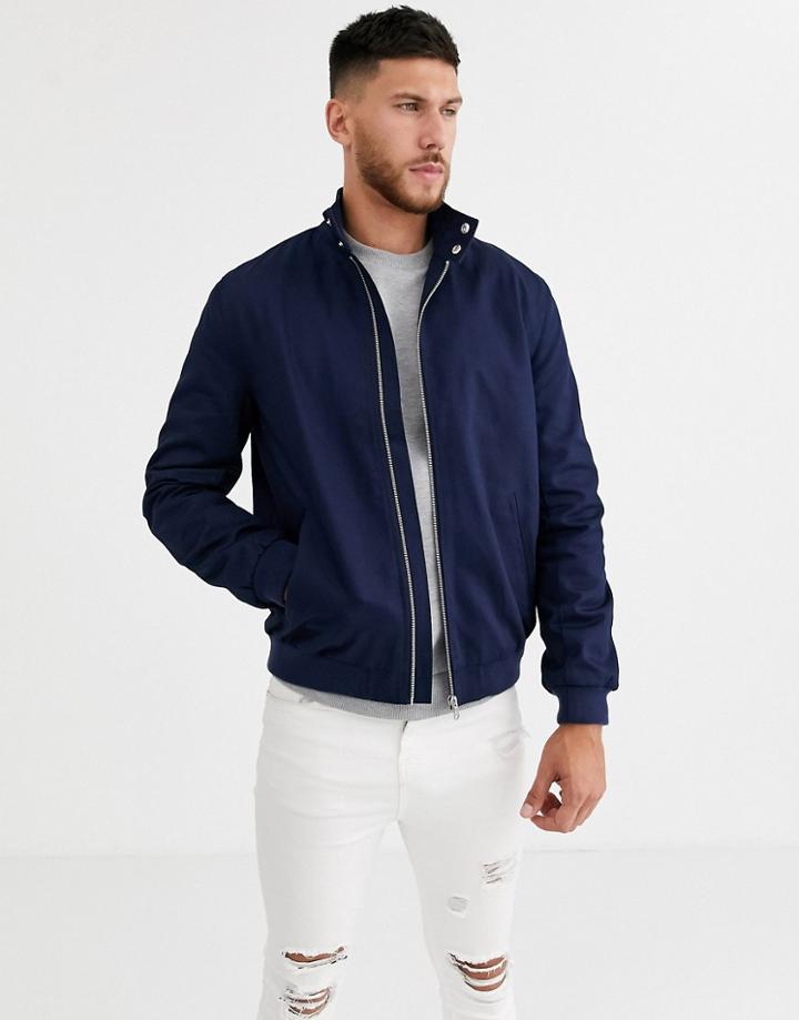 Asos Design Harrington Jacket With Funnel Neck In Navy