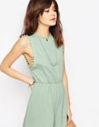 Asos Tall Drop Armhole Jersey Romper With Pom Poms - Green