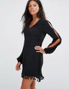 Amy Lynn Split Sleeve V Neck Shift Dress With Pom Pom Detail - Black
