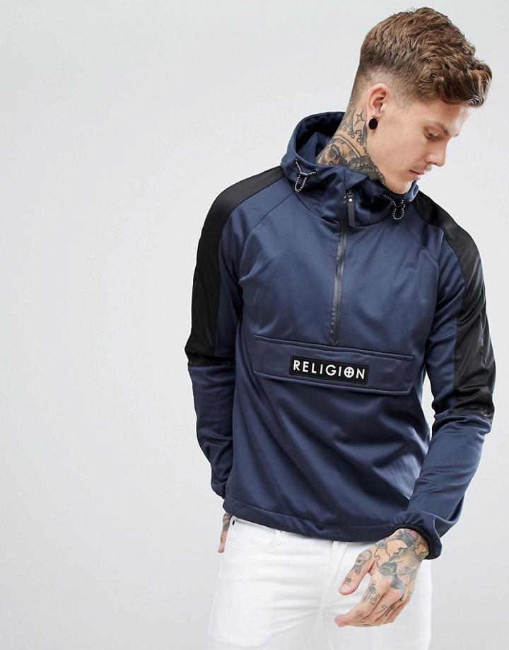 Religion Hoodie With Side Zips And Contrast Hood In Tricot - Navy