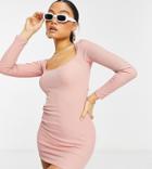 Flounce Petite Scoop Neck Ribbed Mini Dress In Blush-pink