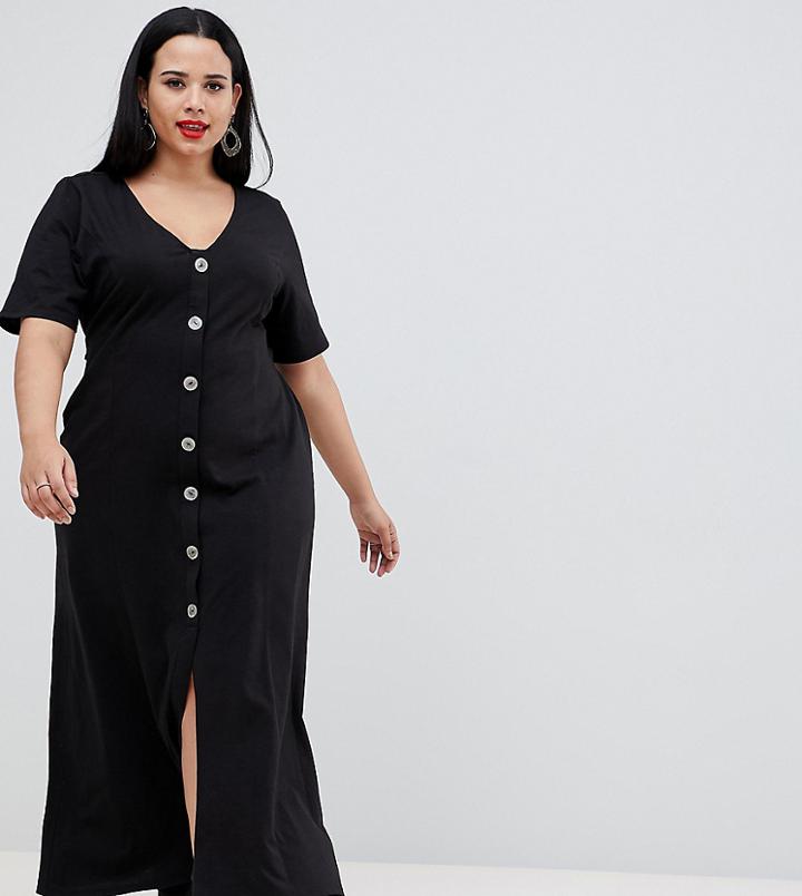 Asos Design Curve Faux Shell Button Through Maxi Tea Dress - Black