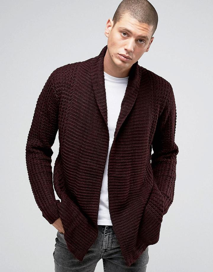 Religion Waffle Open Shawl Cardigan - Red