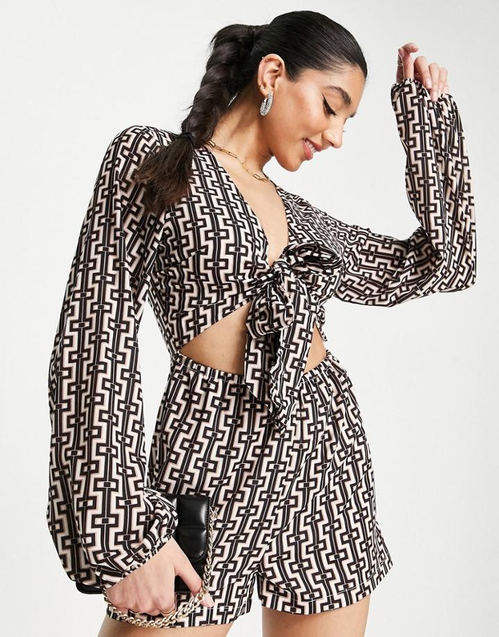 In The Style X Billie Faiers Beach Cut-out Waist Tie Front Romper In Brown Chain Print-multi