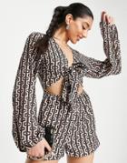 In The Style X Billie Faiers Beach Cut-out Waist Tie Front Romper In Brown Chain Print-multi