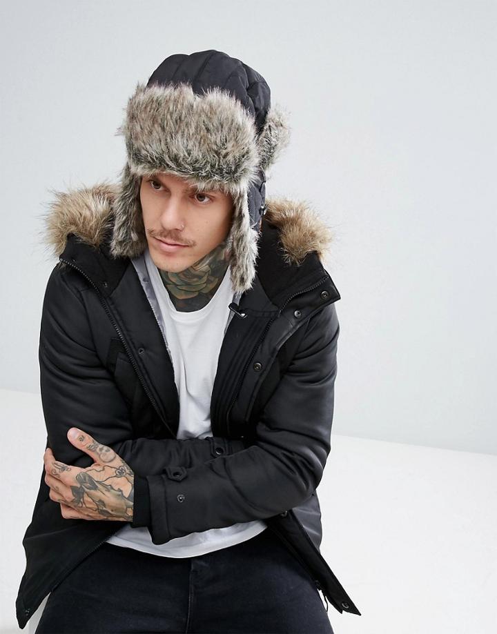 Schott Faux Fur Trapper Hat In Black - Black
