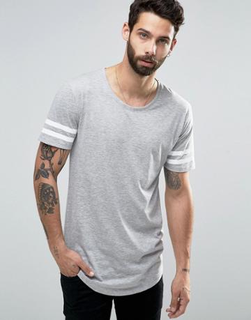 Only And Sons Longline T-shirt With Arm Stripes And Curved Hem - Gray
