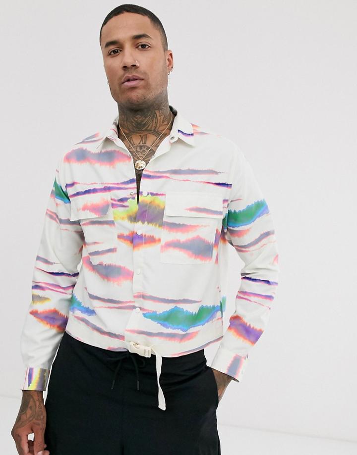Asos Design Boxy Utility Shirt In Tie Dye Print With Buckle Detail-white