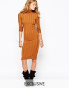 Stitch & Pieces Roll Neck Rib Body-conscious Midi Dress - Tobacco $31.00