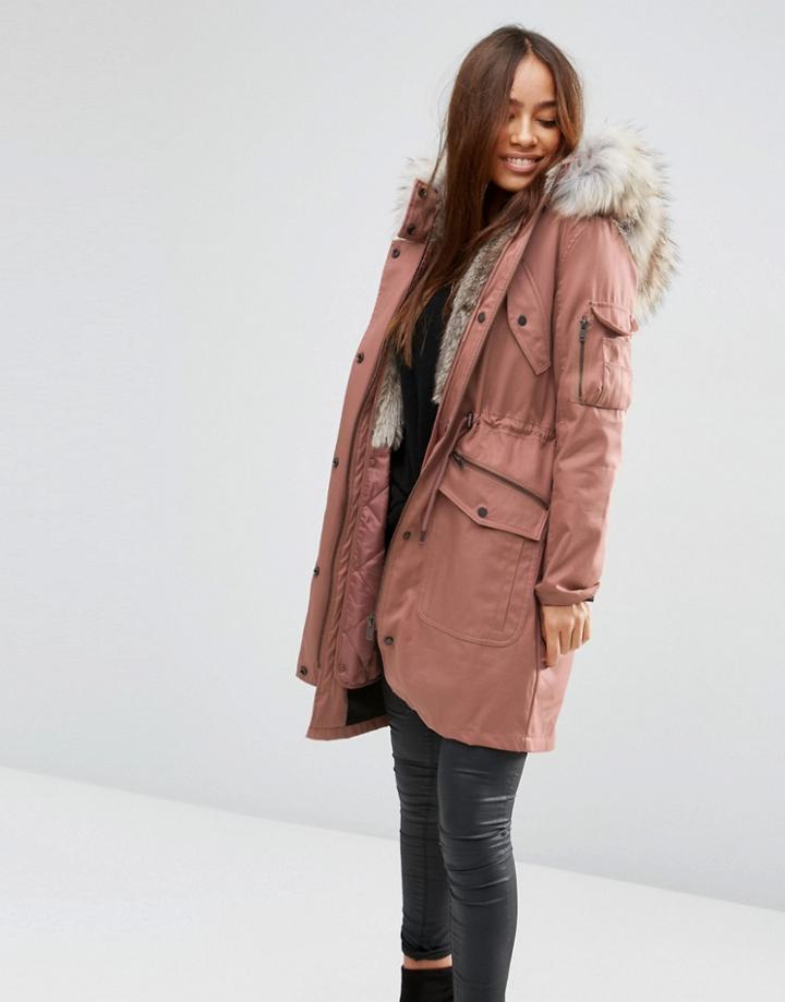 Asos Parka With Detachable Faux Fur Liner - Pink