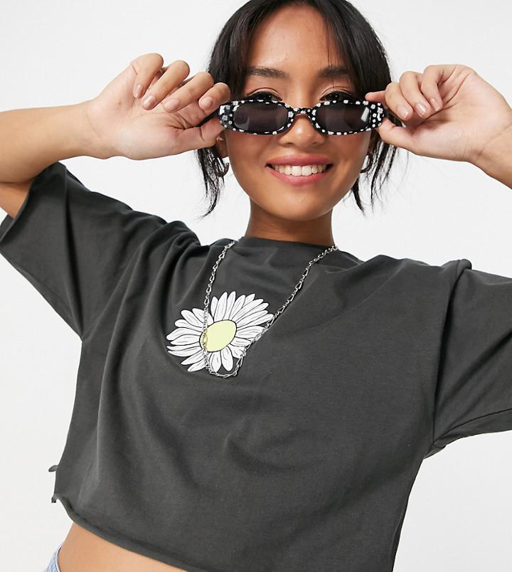 Asos Design Petite Boxy Crop Top With Daisy In Charcoal-grey