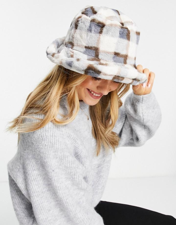 Glamorous Faux Fur Bucket Hat In Blue Check-blues