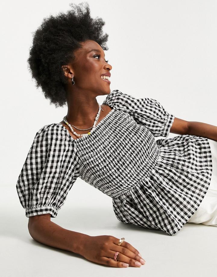 New Look Gingham Shirred Square Neck Blouse In Black