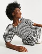 New Look Gingham Shirred Square Neck Blouse In Black