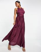 Asos Design Halter Belted Pleated Maxi Dress In Oxblood-purple