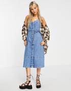 Topshop Snap Front Midi Dress In Mid Blue-blues