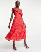 Y.a.s Tiered One Shoulder Midi Dress In Red Ditsy