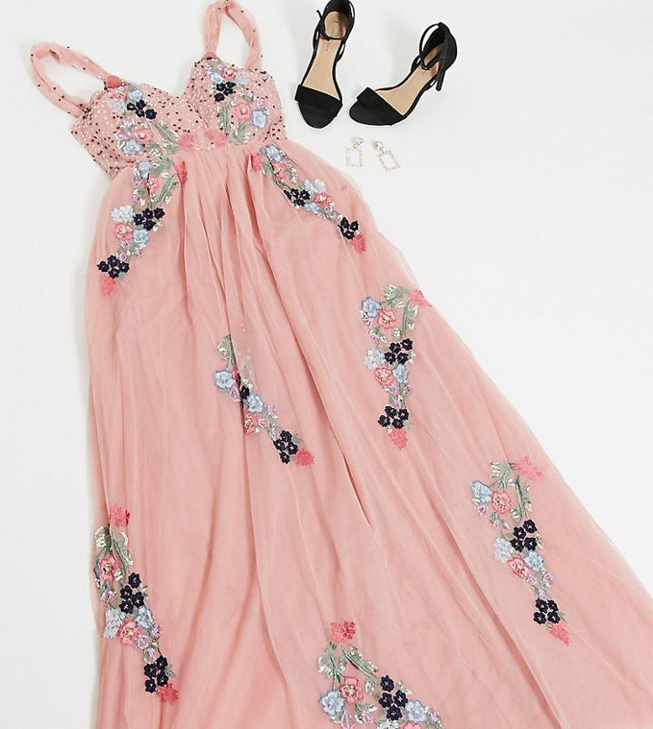 Maya Tall Plunge Front Contrast Floral Embellished Maxi Dress In Pink-purple
