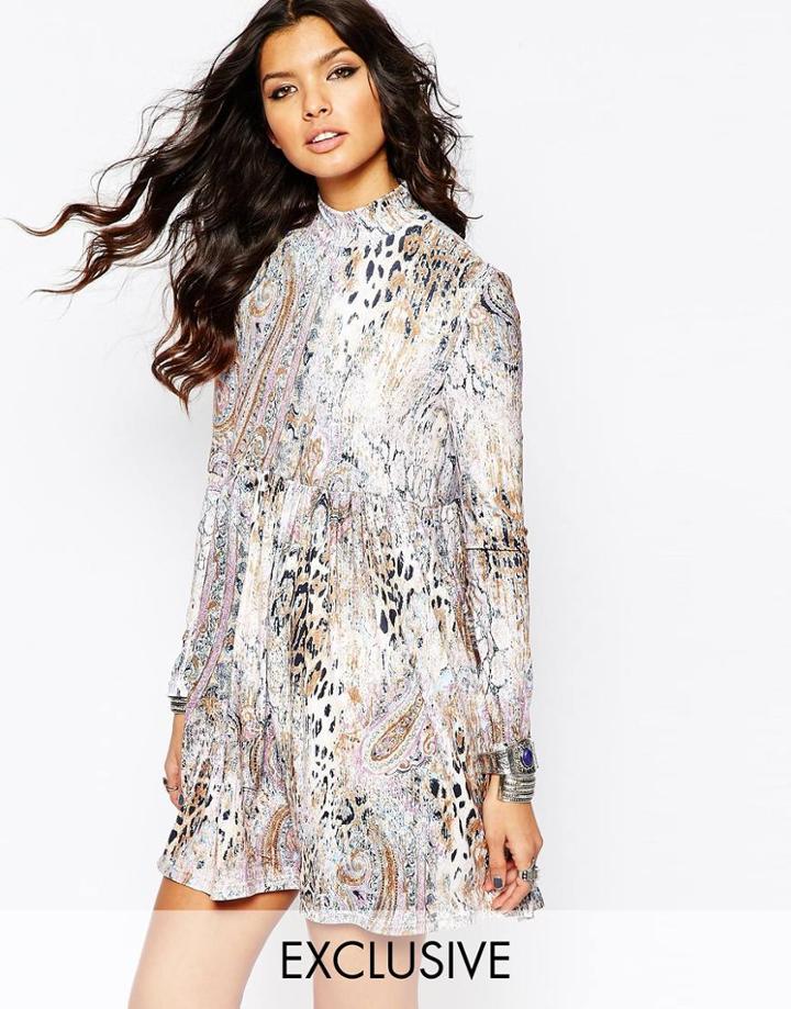 Milk It Skater Dress With High Neck In Animal Print - Multi