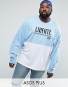 Asos Plus Super Oversized Batwing Long Sleeve T-shirt With Liberte Print And Panelling - Blue