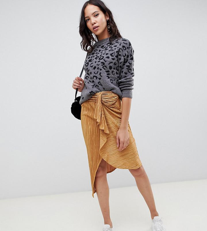 Asos Design Tall Plisse Midi Skirt With Tie Front-yellow