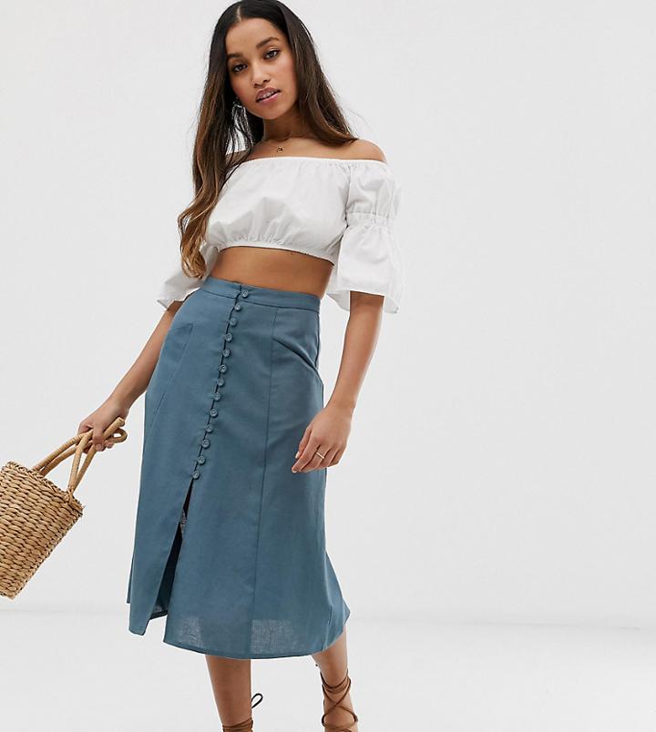 Asos Design Petite Midi Skirt With Button Front-blue