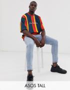 Asos Design Tall Oversized Short Sleeve Sweatshirt In Retro Stripes-red