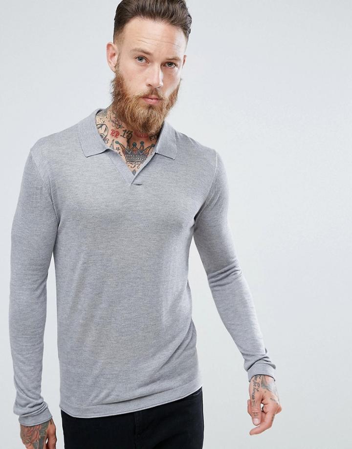 Mango Man Fine Knit Polo With Revere Collar In Gray - Gray