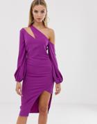 Lavish Alice One Shoulder Balloon Sleeve Midi Dress - Purple
