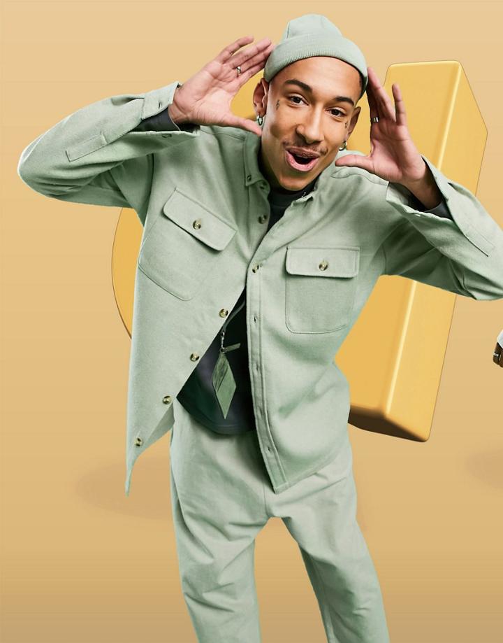 Asos Design 90s Oversized Wool Mix Shirt In Sage Green