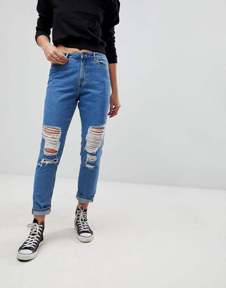 Only Destroyed Mom Jeans - Blue