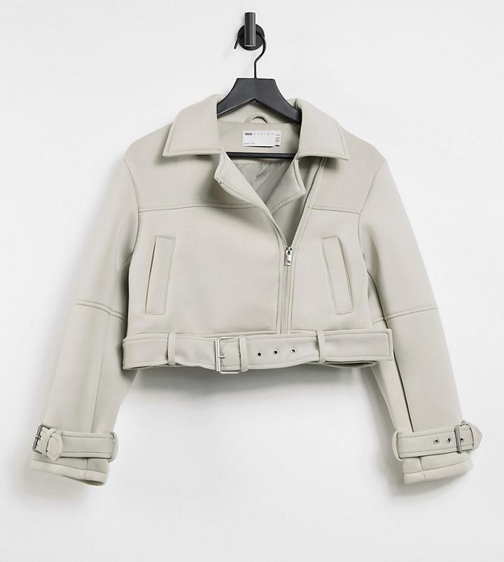 Asos Design Petite Scuba Biker Jacket In Cream-green