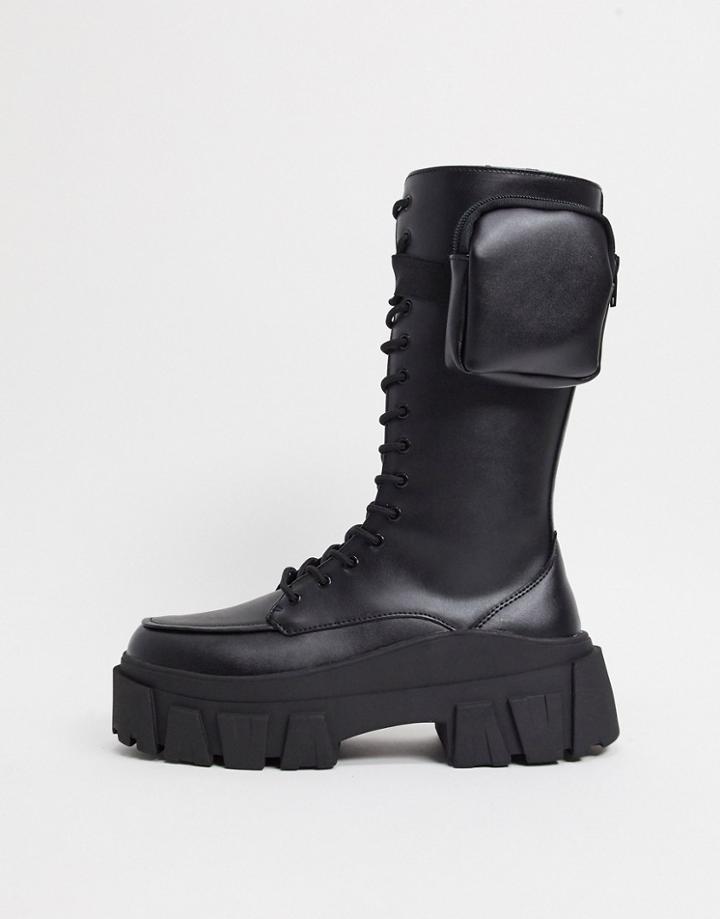 Asos Design High Lace Up Calf Boots In Black Faux Leather On Chunky Sole With Pocket Detail