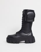 Asos Design High Lace Up Calf Boots In Black Faux Leather On Chunky Sole With Pocket Detail