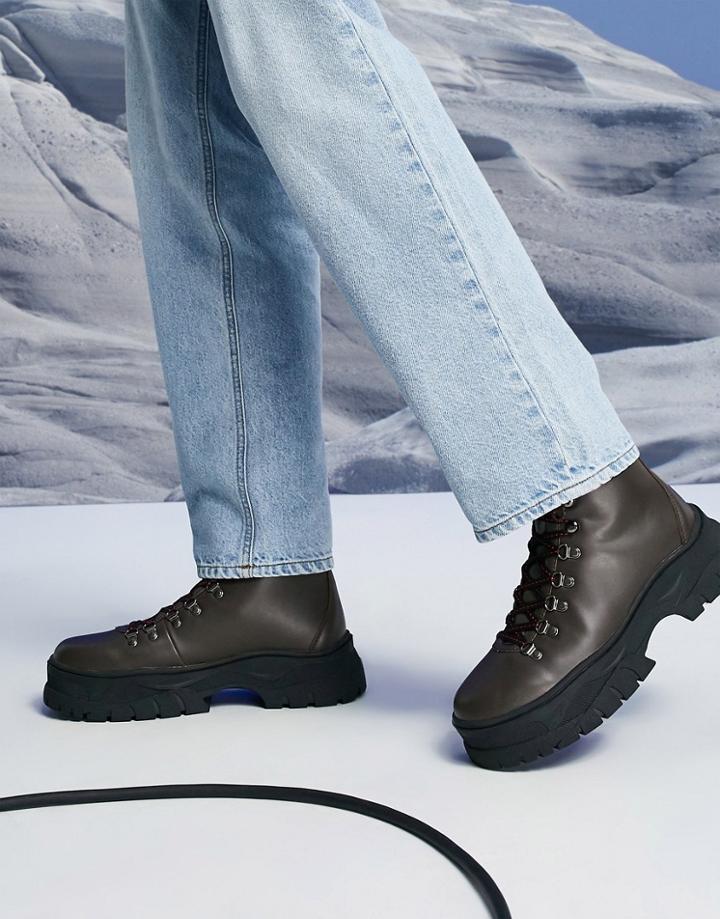 Asos Design Hiker Style Lace Up Boot With Chunky Sole In Brown Faux Leather