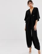 Asos Design Kimono Sleeve Jumpsuit With Twist Front-black