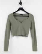 Asos Design Top With Notch Neck In Waffle With Long Sleeve In Khaki-green