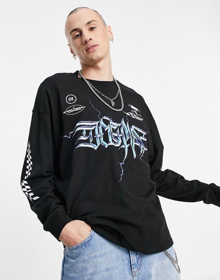 Asos Design Oversized Long Sleeve T-shirt In Black With Gaming And Sleeve Prints