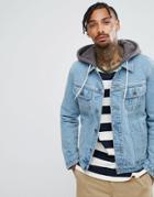Asos Denim Jacket With Jersey Hood In Mid Wash - Blue
