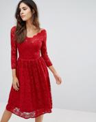 City Goddess 3/4 Sleeve Lace Prom Dress - Red