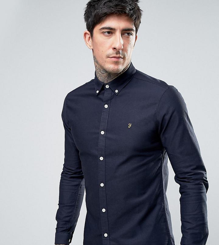 Farah Stretch Skinny Fit Buttondown Oxford Shirt In Navy - Navy