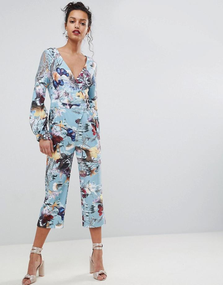 Little Mistress Wrap Front Jumpsuit In Floral Print - Multi