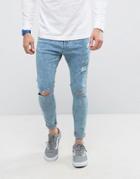 Bershka Super Skinny Jeans With Knee Rips In Bleached Blue - Blue