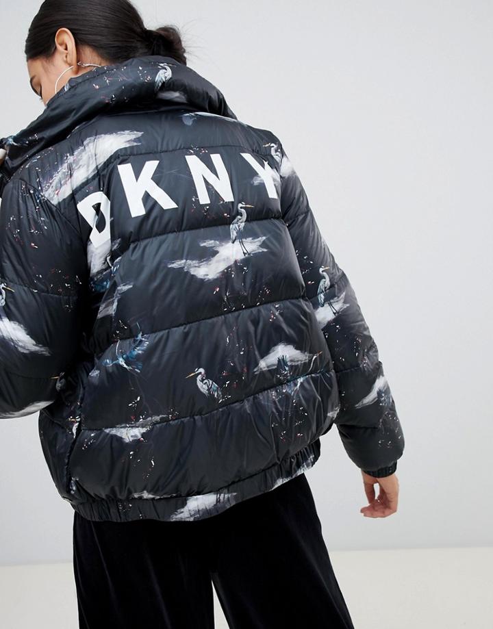 Dkny Crane Print Logo Padded Jacket - Black