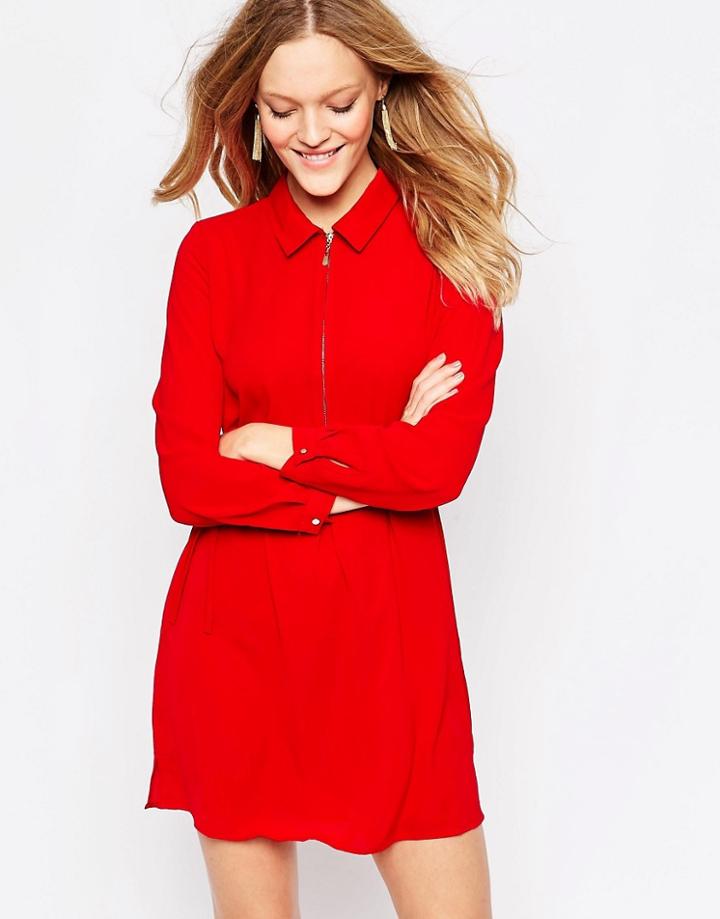 Qed London Zip Front Shirt Dress - Wine